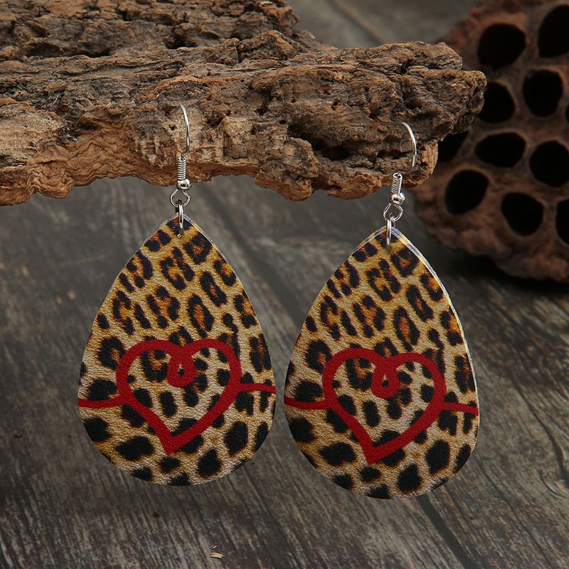 New Water Drop Shaped Double-sided Leopard Print Leather Earrings Wholesale