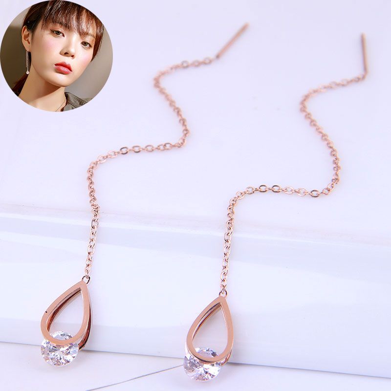 Korean Version Of Fashion Simple Titanium Steel Earrings Water Drop Zircon Personality Long Earrings