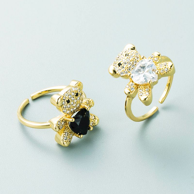 Retro Copper-plated Real Gold Micro-inlaid Zircon Heart-shaped Bear Ring