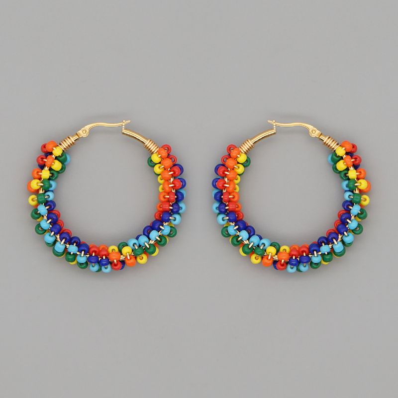 Geometric Wave Glass Color Rice Bead Large Hoop Earrings