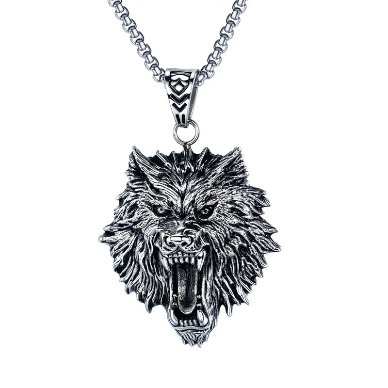 Bijoux Rétro Personnalité Punk Rock Pendentif En Acier Inoxydable Titane Acier Tête De Loup Collier Pour Hommes