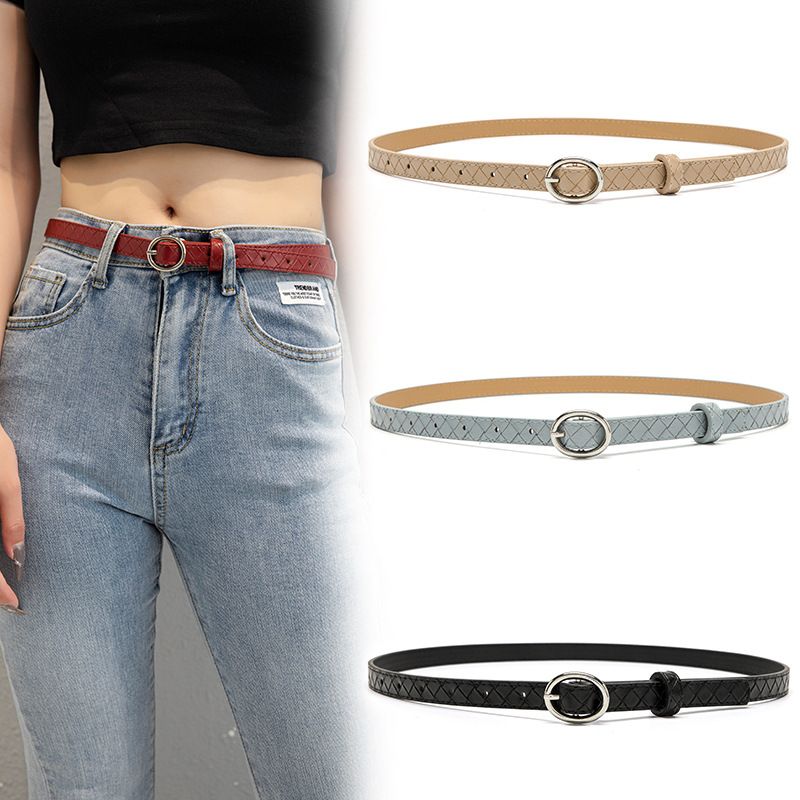 The New Plaid Pattern Decoration Thin Belt Fashion Oval Buckle All-match Jeans Belt