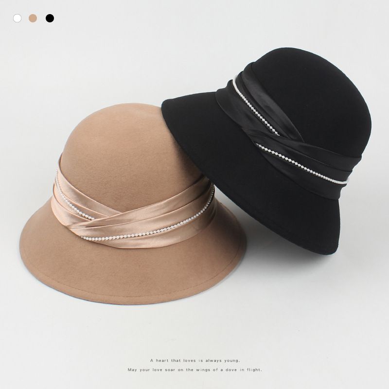 New Female Woolen Top Hat Korean Retro Fashion Pearl Wool Fisherman Hat