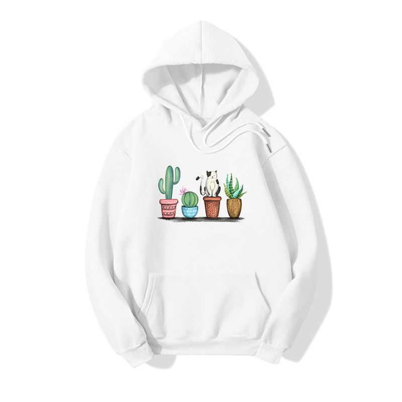 Langärmliges Fleece-sweatshirt Mit Katzen-pflanzen-pop-print Mit Kapuze