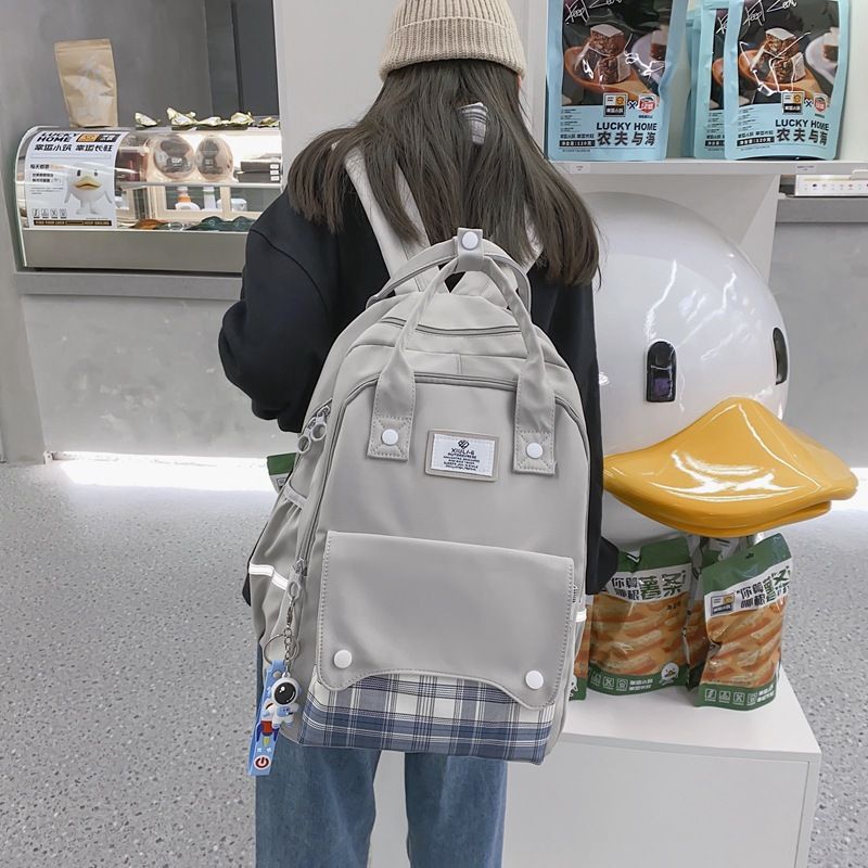 Korean Personality Portable Lattice Backpack Female Japanese Fashion Solid Color Double-layer College Student School Bag