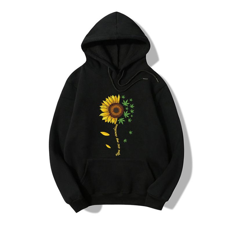 Hooded Sunflower And Maple Leaf Print Long-sleeved Fleece Sweatshirt