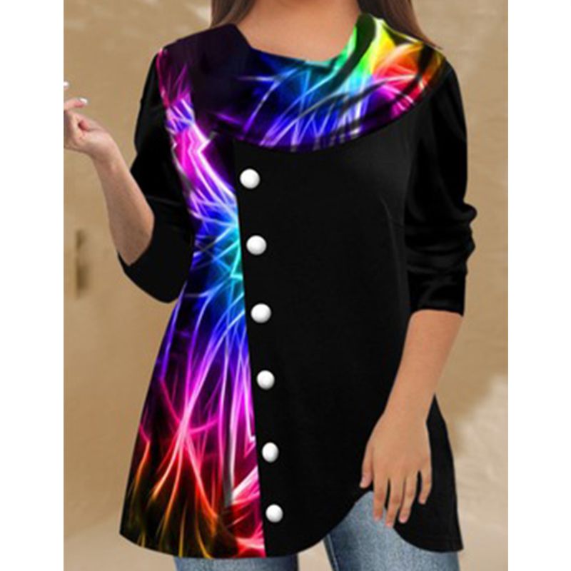 Round Neck Long Sleeve Stitching Printing Plus Size Women's Clothing