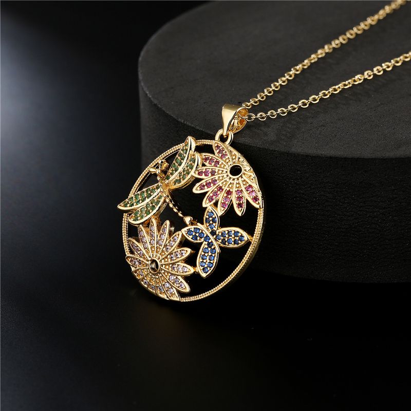 Retro Luxus Kupfer Mikro-intarsien Zirkon Schmuck Libelle Schmetterling Blumen Halskette