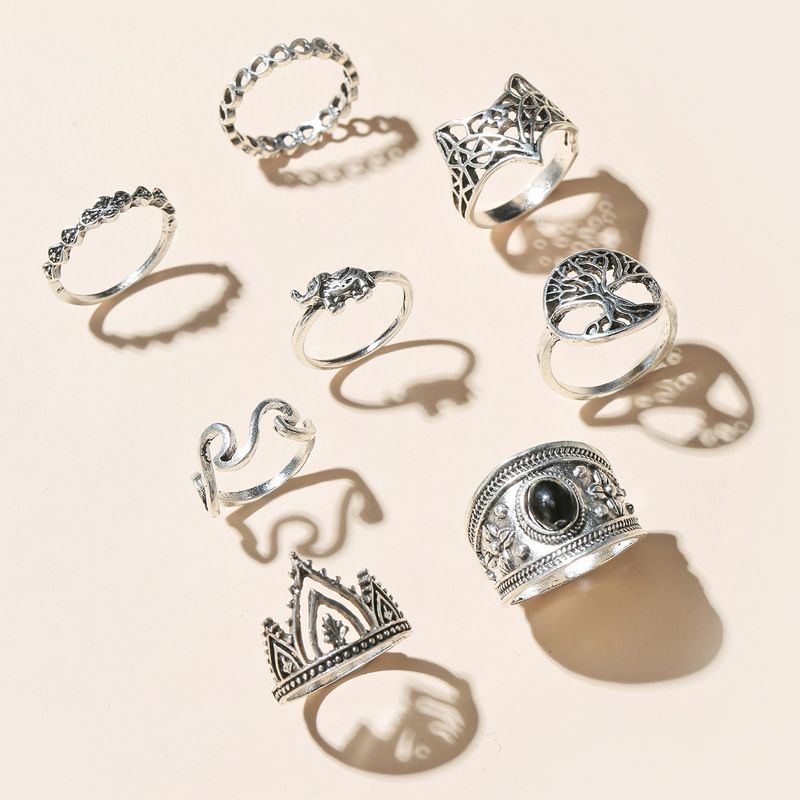 European And American Retro Imitation Gemstone Inlaid Ring Eight-piece Geometric Ring Set