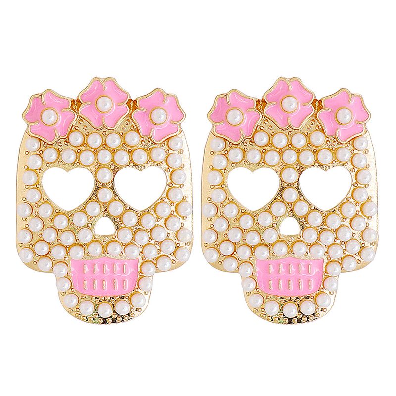 New Retro Pink Skull Earrings Inlaid Pearl Earrings