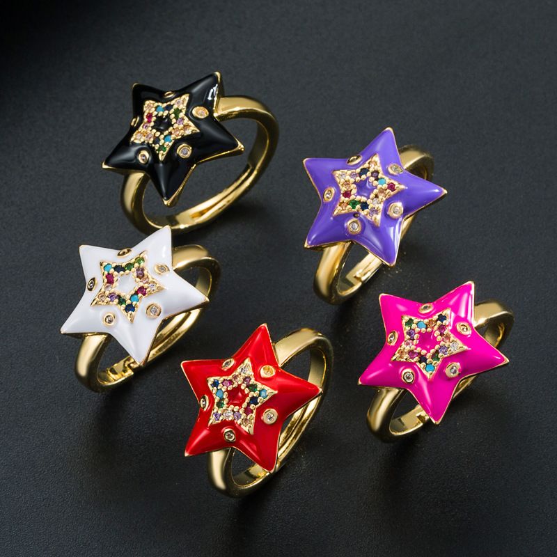 Fashion Creative Copper Gold-plated Micro-inlaid Color Zircon Five-pointed Star Adjustable Ring