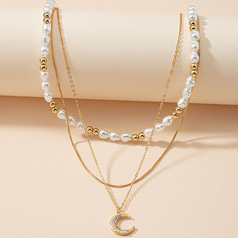Collier De Niveau De Perles De Mode Pendentif En Strass De Lune Chaîne De Tempérament Simple
