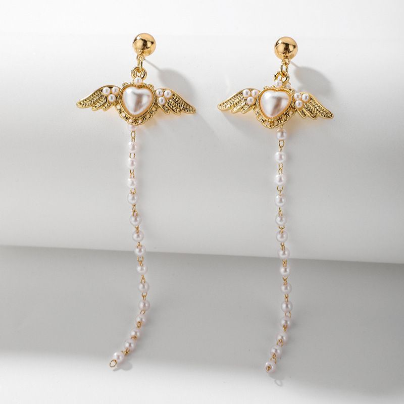 Fashion Pearl Heart Wings Long Tassel Earrings European And American Earrings Women Wholesale