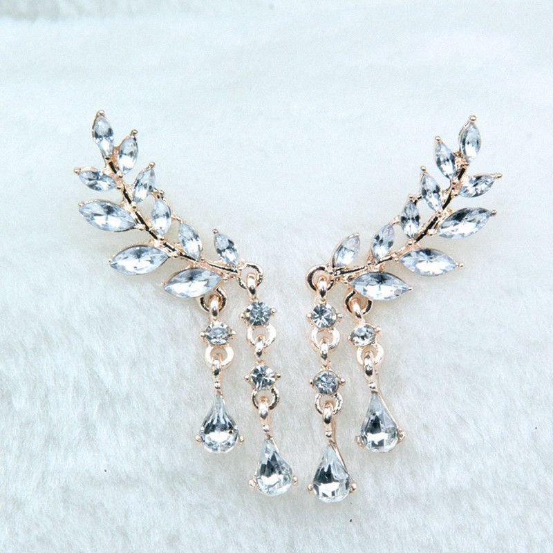 Retro Leaf Tassel Earrings Alloy Diamond-studded Crystal Earrings Wholesale