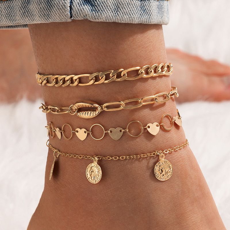 Fashion Jewelry Beach Style Love Circle Piece Chain 4-piece Set Chain Golden Anklet Jewelry