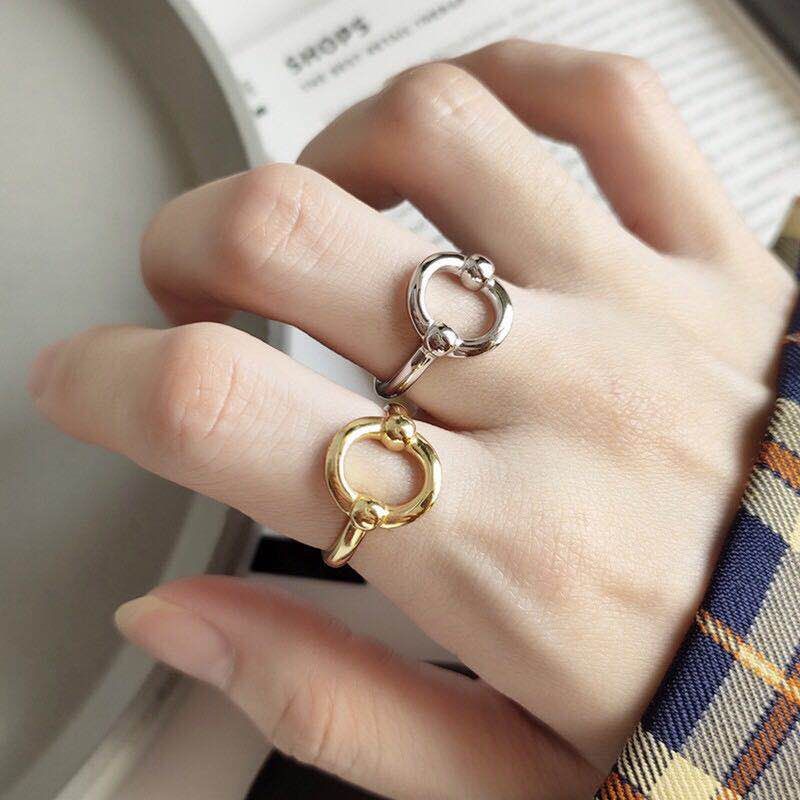 South Korea 18k Gold Plate Ring Geometric Hollow Oval Opening Ring Personality Trendy Ring