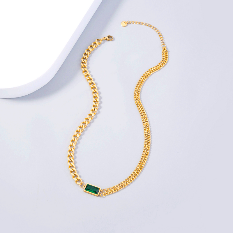 Fashion Retro Personality Short Emerald Zircon Stitching Stainless Steel Necklace
