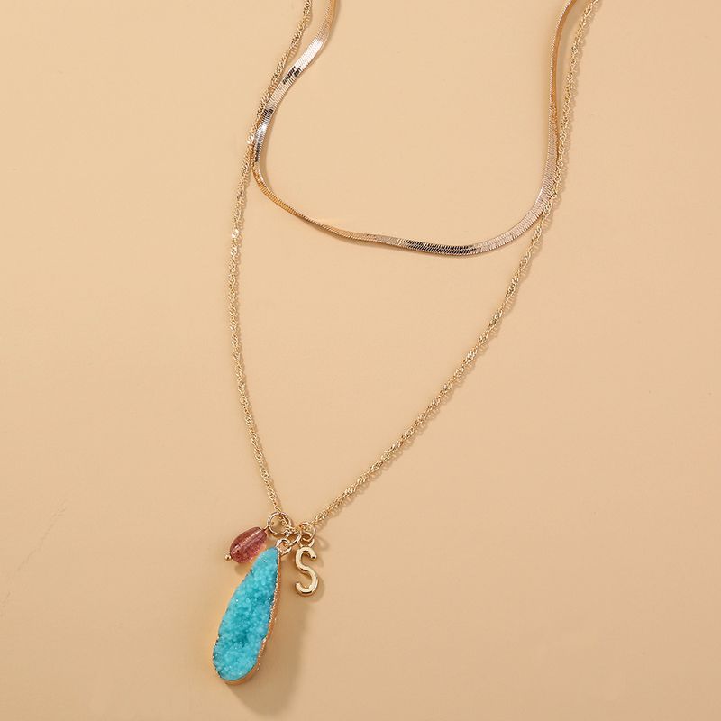 Collier Double Pendentif Goutte En Pierre Naturelle Imitation Bleu À La Mode