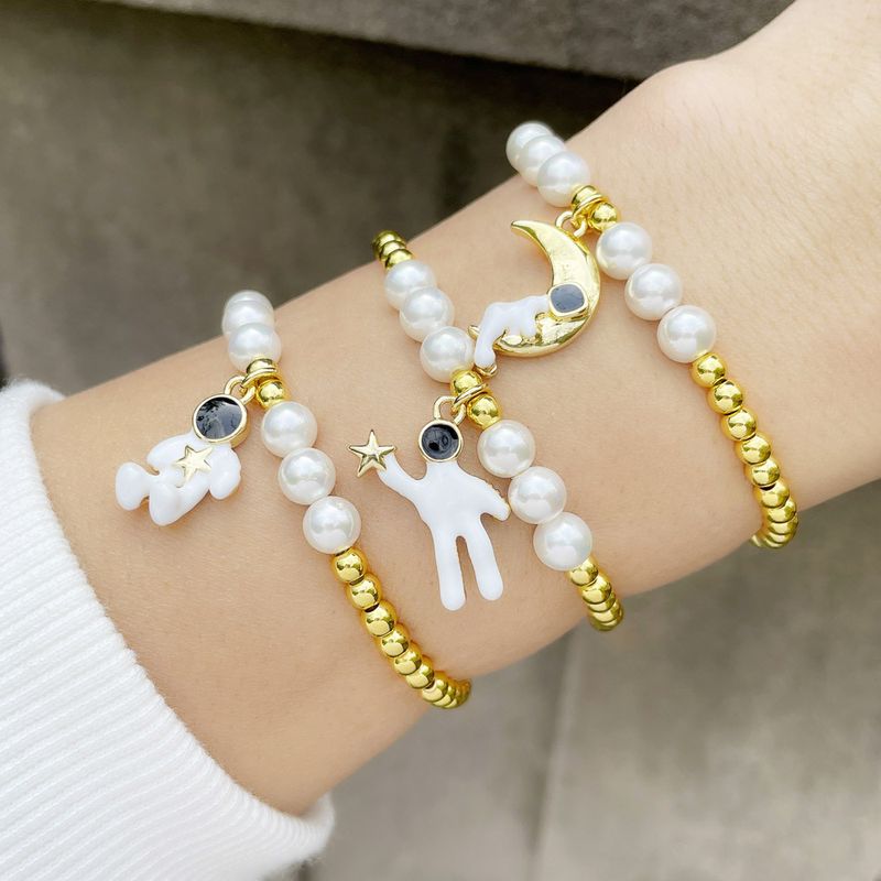 Astronaut Couple Pearl Bracelet Round Bead Elastic Bracelet