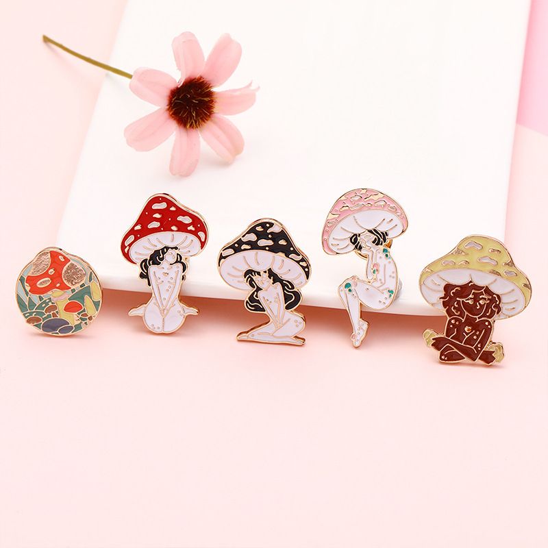 Cross-border New Arrival Oil Drip Brooch Europe And America Creative Personalized Mushroom Girl Brooch Bag Clothing Accessories Wholesale