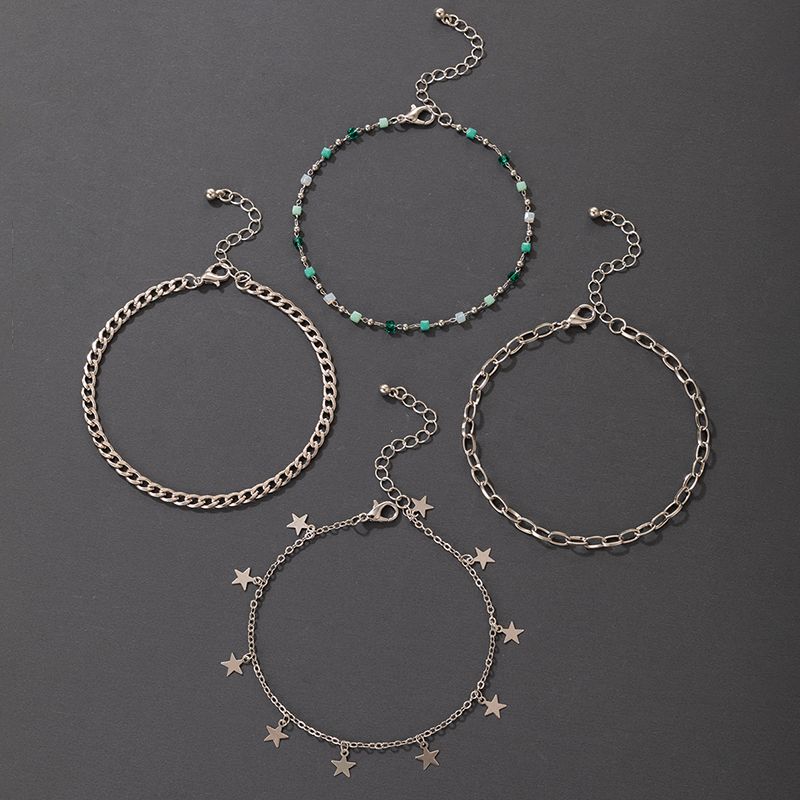 Retro Ethnic Five-pointed Star Anklet Green Small Stone Thick Chain Four-piece Multi-layer Anklet