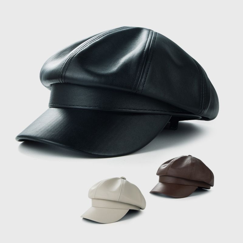 Pu Leather Hat Flat Top Navy Hat Painter Solid Color Cap