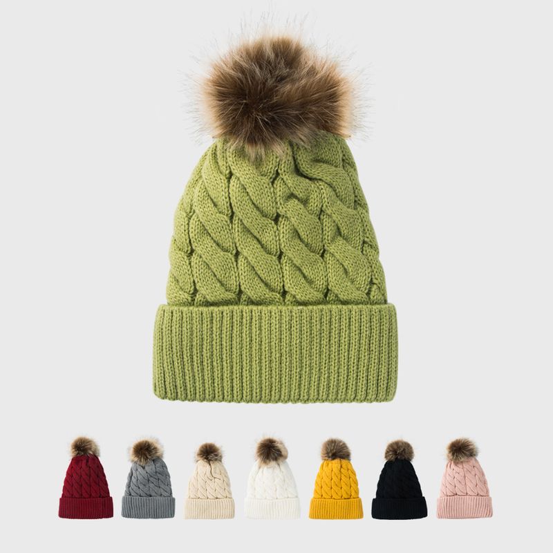 New Style Woolen Cap Thickening Velvet Keeping Warm Solid Color Fur Ball Head Cap Korean Knit Hat Wholesale