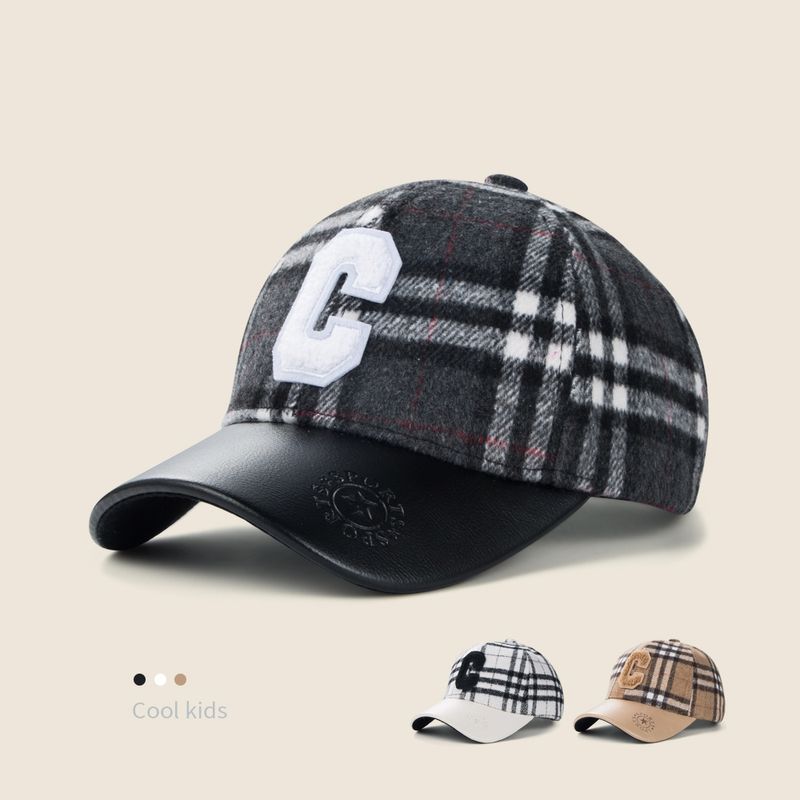 Children's C Letter Plaid Baseball Cap Autumn Winter Warm Leather Brim Stitching Hat Boy Student Fashion Peaked Cap