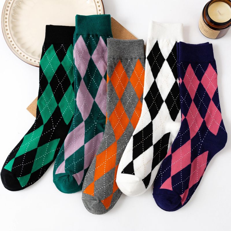 Retro Diamond Lattice Socks Tube Socks Pure Cotton Autumn And Winter Rhombic Stockings