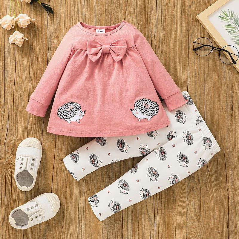Filles Bowknot Pull Deux Pièces Vêtements Pour Enfants Dessin Animé T-shirt Pantalon Costume