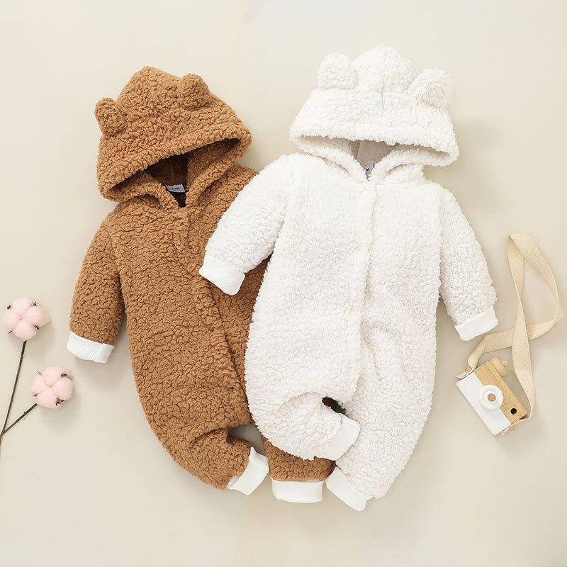 Baby Clothes Autumn And Winter Solid Color Hooded One-piece Suit Wholesale