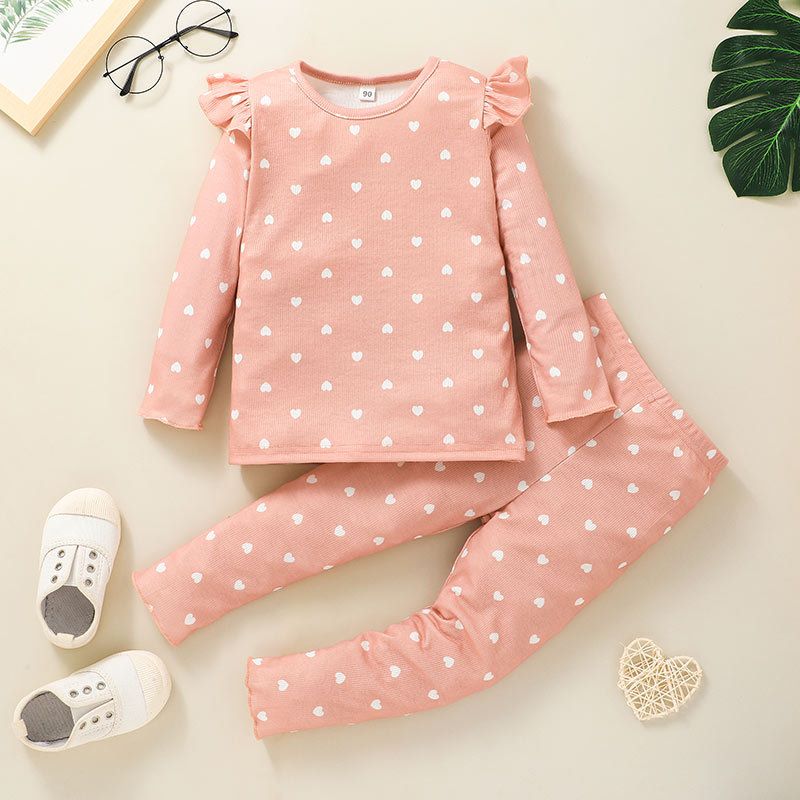 Heart Printed T-shirt Suit Children's Autumn And Winter New Round Neck Blouse Pants Two-piece Suit