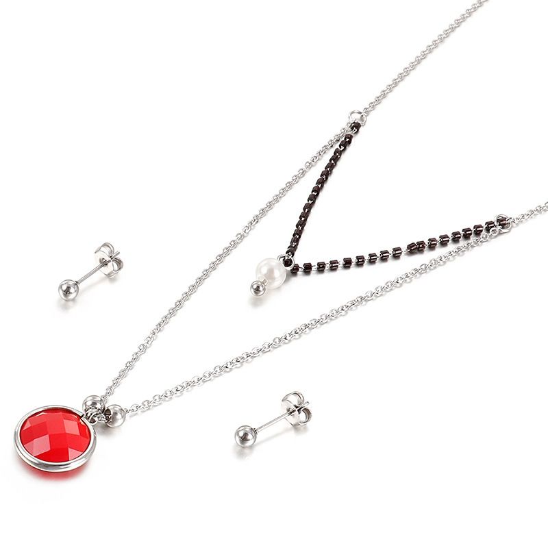 Jewelry Wholesale Multicolor Glass Stainless Steel Fashion Double Necklace Earring Set