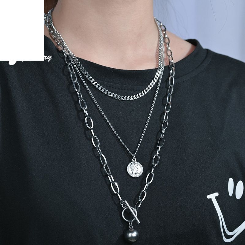 European And American Stainless Steel Three-layer Chain Elizabeth Round Beads Hip-hop Necklace