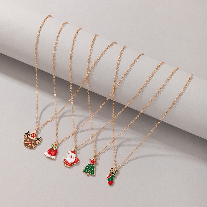 Weihnachtsschmuck Weihnachtsmann Elch Tropfendes Öl Halskettenset Bell Socks Halskette Fünfteiliges Set
