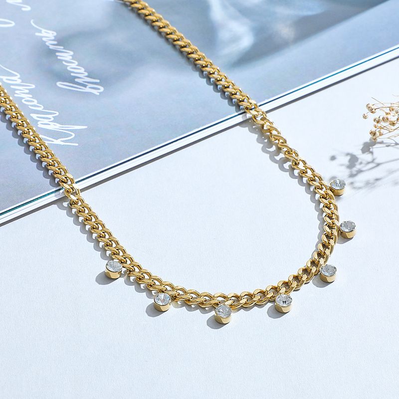 European And American New Stainless Steel Zircon Necklace Ins Punk Diamond Pendant Titanium Steel Clavicle Chain Neck Chain Female Gold