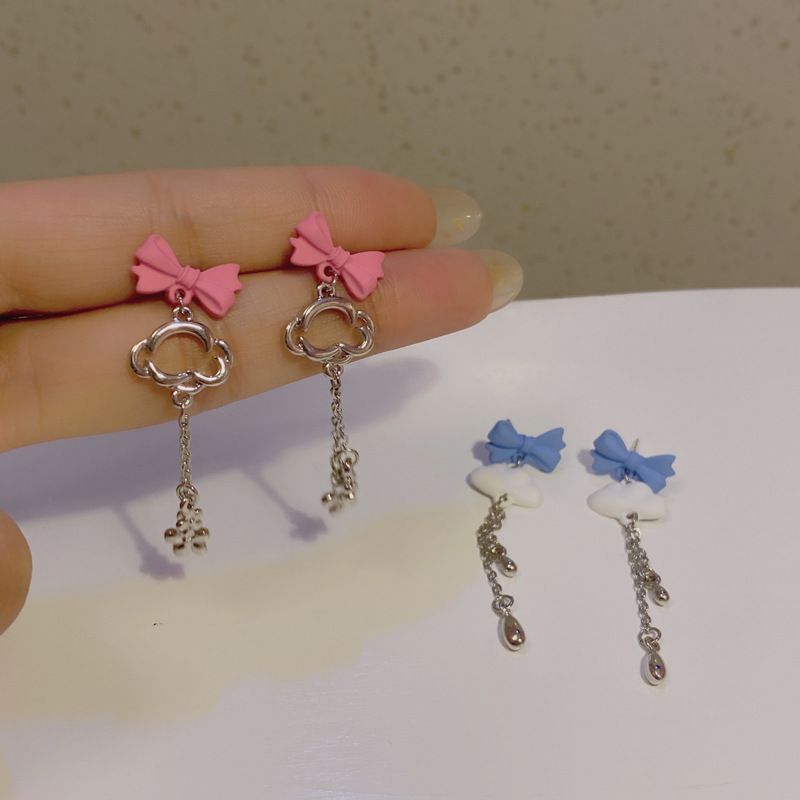 Self-designed Sterling Silver Needle Bow White Cloud Tassel Earrings Sweet Cute Fresh Paint Earrings H3985