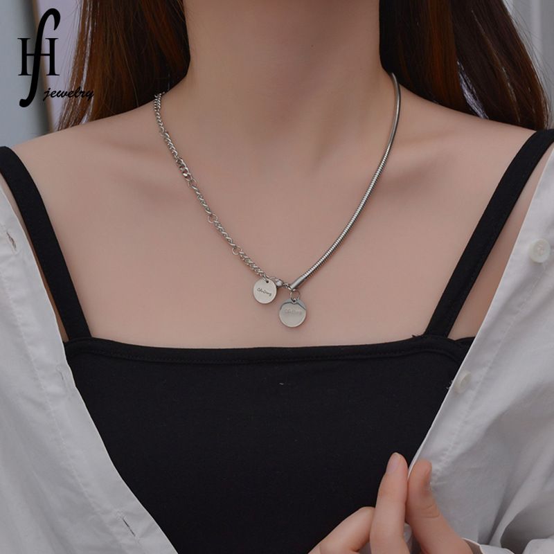 Japanese And Korean New Two Round Brand Stitching Necklace Stainless Steel Laser Letter Round Hip Hop Clavicle Chain Personality Necklace