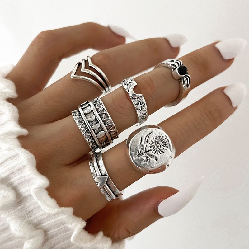 European And American Jewelry Retro Sunflower Love Carved Diamond-studded Joint Ring Six-piece Set