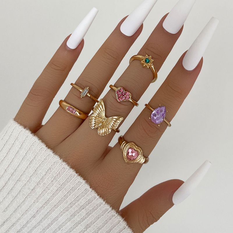 Foreign Trade Creative Design Personality Fashion Butterfly Pink Love Heart Diamond Six-pointed Star Knuckle Ring Seven-piece