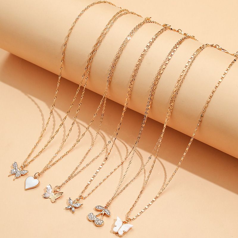 Cross-border Sold Jewelry Fashion Simple Love Butterfly Cherry Full Diamond Fashion Combination Necklace Six-piece Set