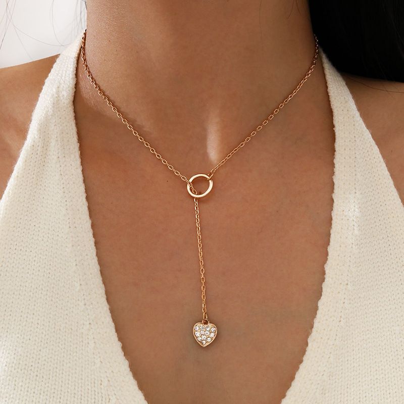 Personality Fashion Simple Design Circle Tassel Full Diamond Heart Pendant Necklace