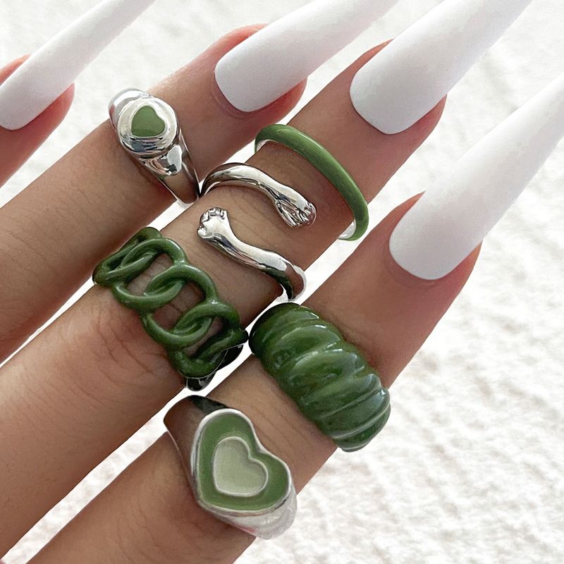 Conjunto De Seis Piezas De Anillo De Amor De Aceite Goteo Pintura Verde Retro Nueva Personalizada A Través De La Frontera De Moda Europea Y Americana