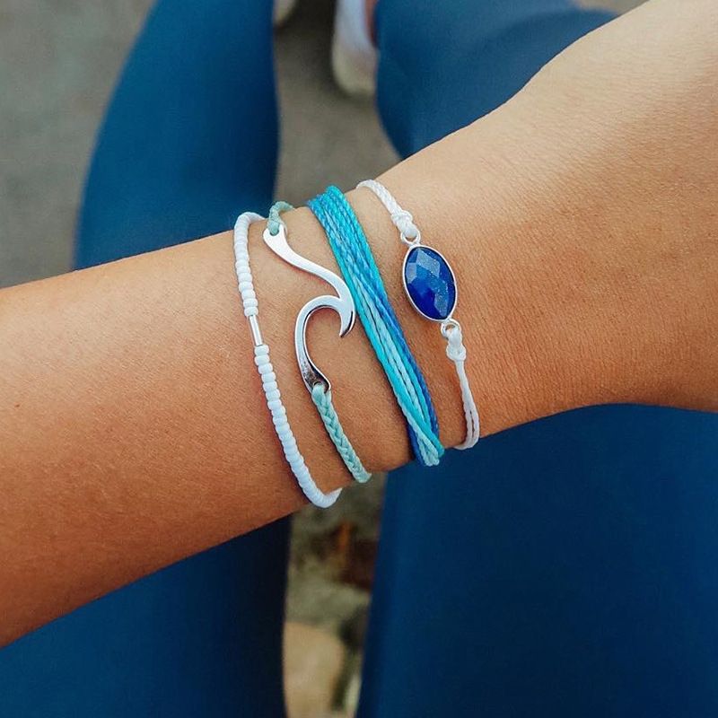 New Personality Handmade Rope Braided Bracelet Sea Wave Blue Gemstone Beaded Four-piece Set