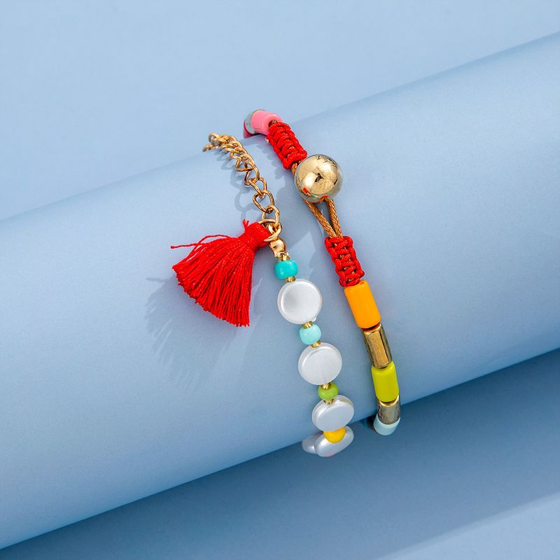 Bohemian Style New Paint Color Splicing Tube Pearl Tassel Bracelet Fashion Two-piece Set