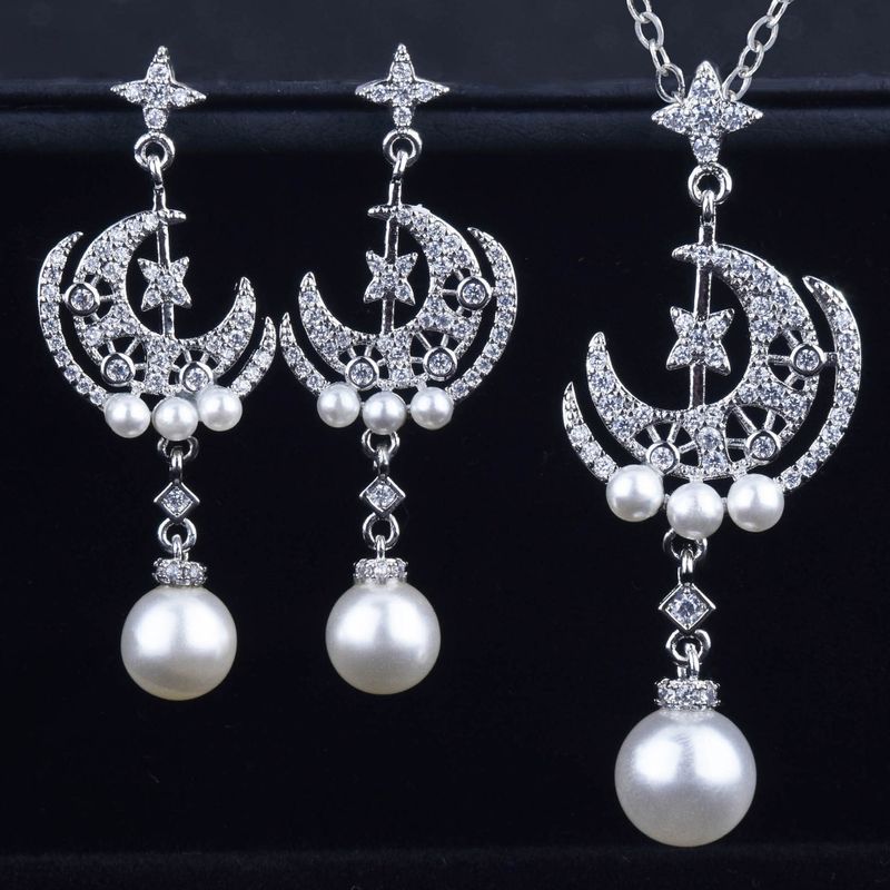 Nouveau Collier Perle Étoile Lune Perle Météore Lune Boucles D&#39;oreilles Ensemble De Bijoux De Mode