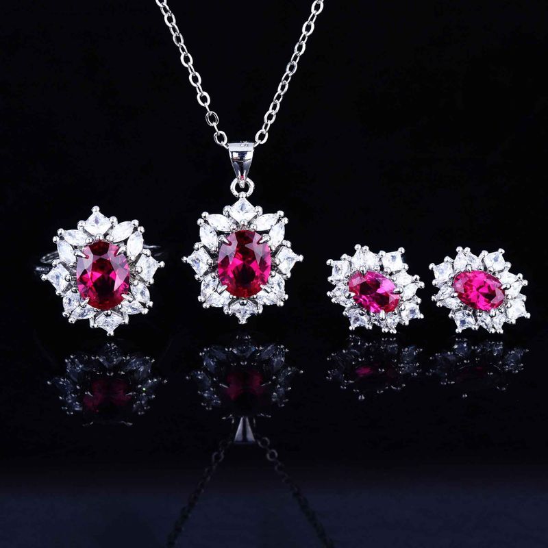 Mode Luxe Couleur Trésor Ensemble Corindon Anneau Ouvert Boucles D'oreilles Pendentif Bijoux