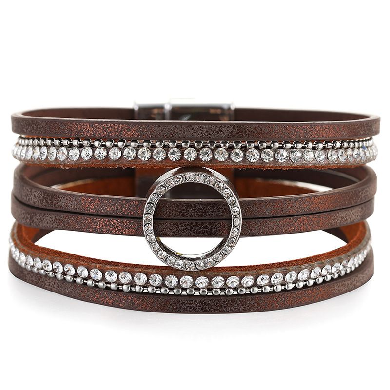 Bohemian Hollow Circle Rhinestone Light Luxury Multilayer Leather Magnetic Buckle Bracelet