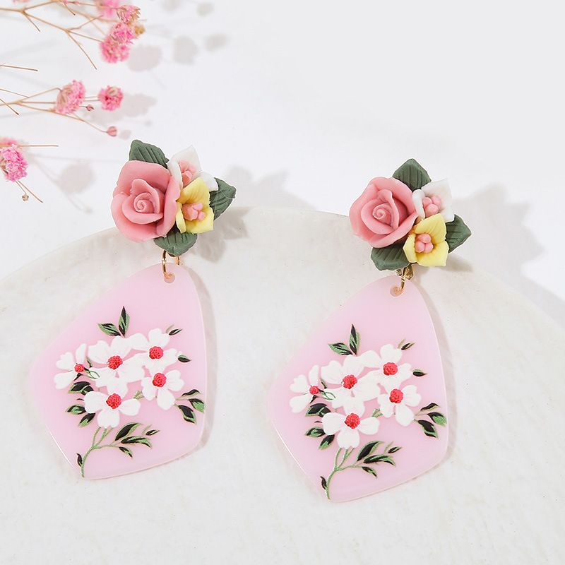 Ins Internet Celebrity Geometric Acrylic Flower Earrings European And American Creative Unique And Exquisite Printing Eardrop Jewelry