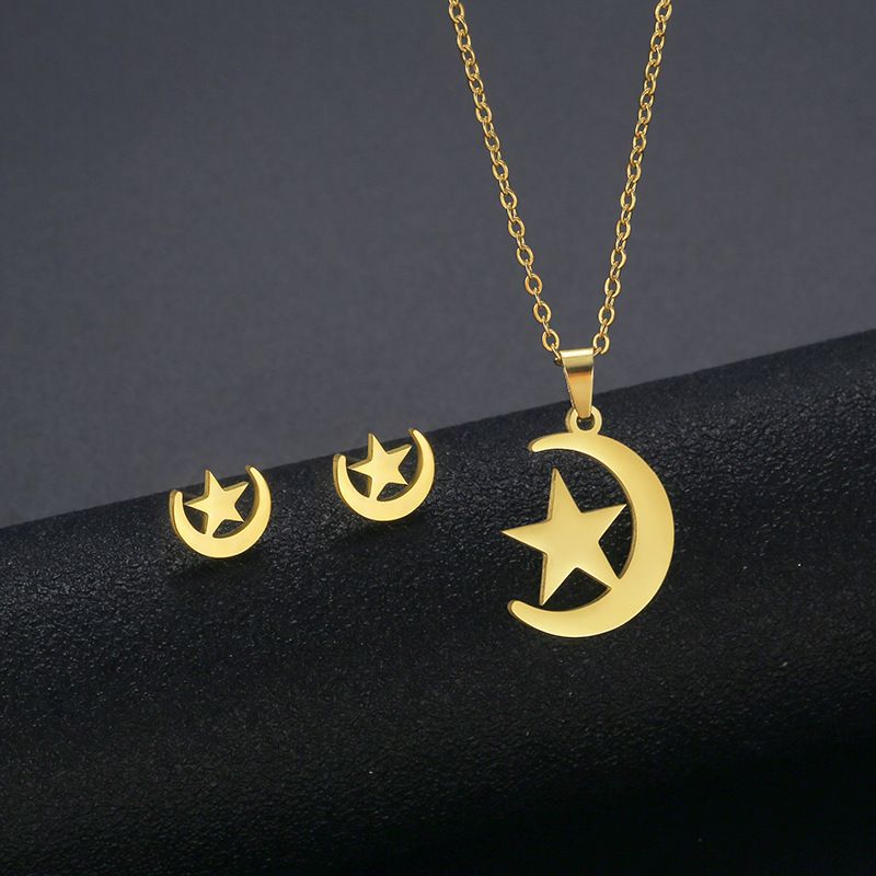 New Star Necklace Earrings Set Stainless Steel Star And Moon 18k Gold-plated Two-piece Jewelry